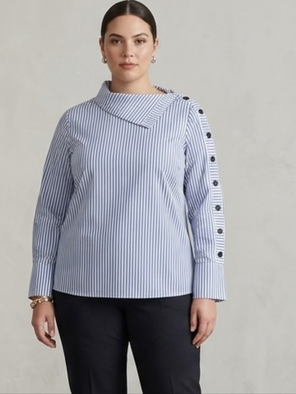 Sailor Blue White Pinstripe Asymmetric Button Long-sleeve Cuff Blouse Top XXL